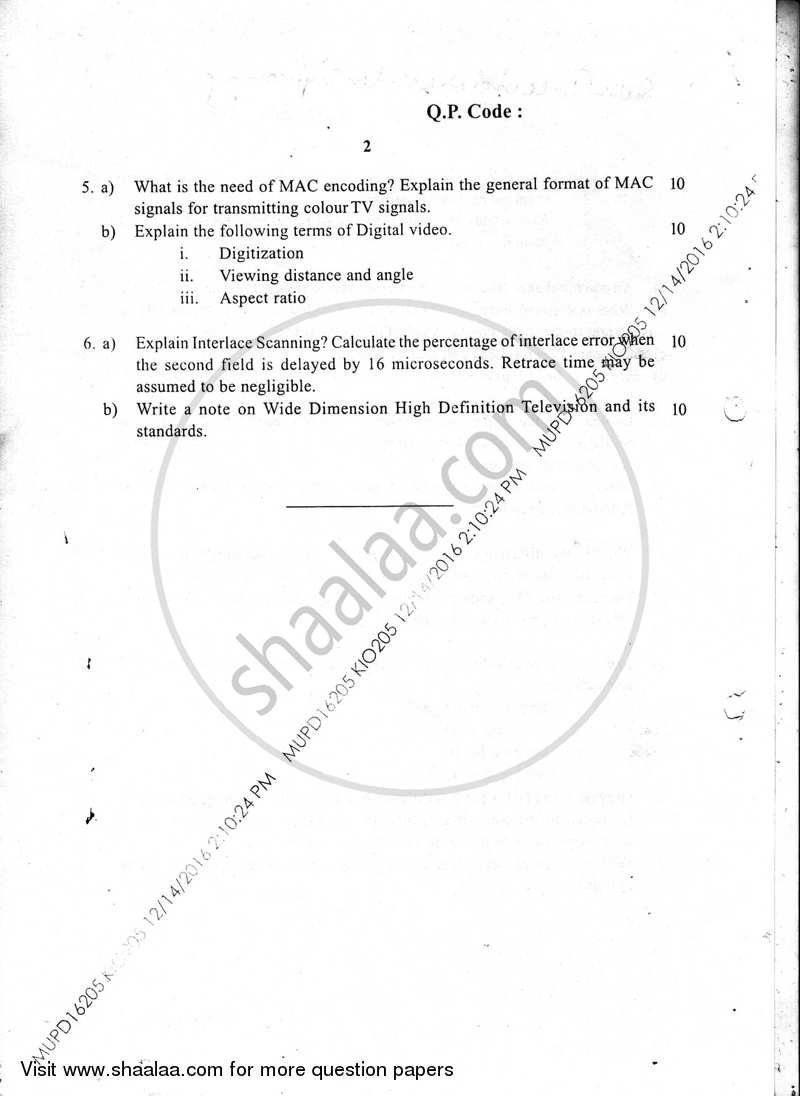 Television Engineering 2016-2017 - B.E. - Semester 6 (TE Third Year) - University of Mumbai question paper with PDF download