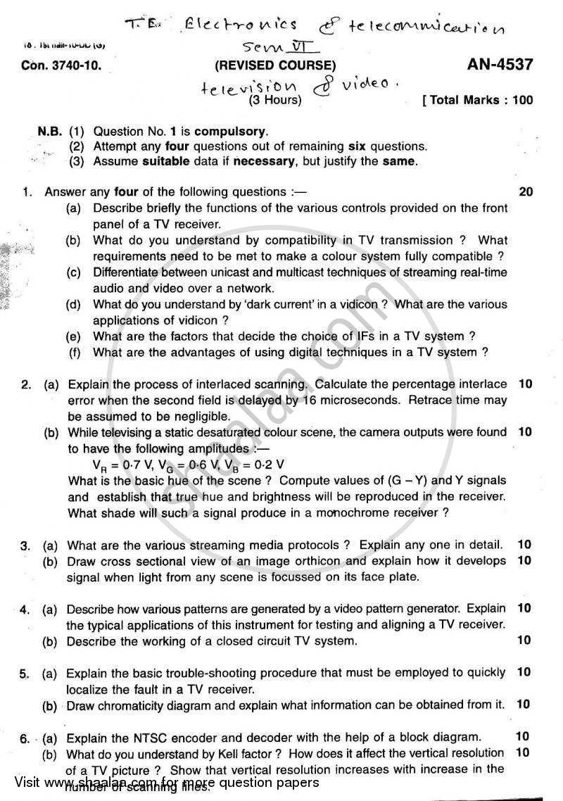 Television and Video Engineering 2009-2010 - B.E. - Semester 6 (TE Third Year) - University of Mumbai question paper with PDF download