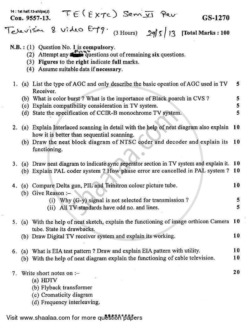 Television and Video Engineering 2012-2013 - B.E. - Semester 6 (TE Third Year) - University of Mumbai question paper with PDF download