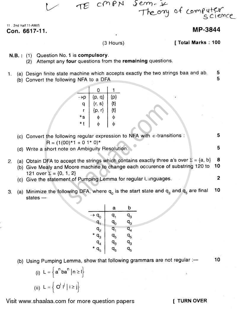 Theory of Computer Science 2011-2012 - B.E. - Semester 5 (TE Third Year) - University of Mumbai question paper with PDF download