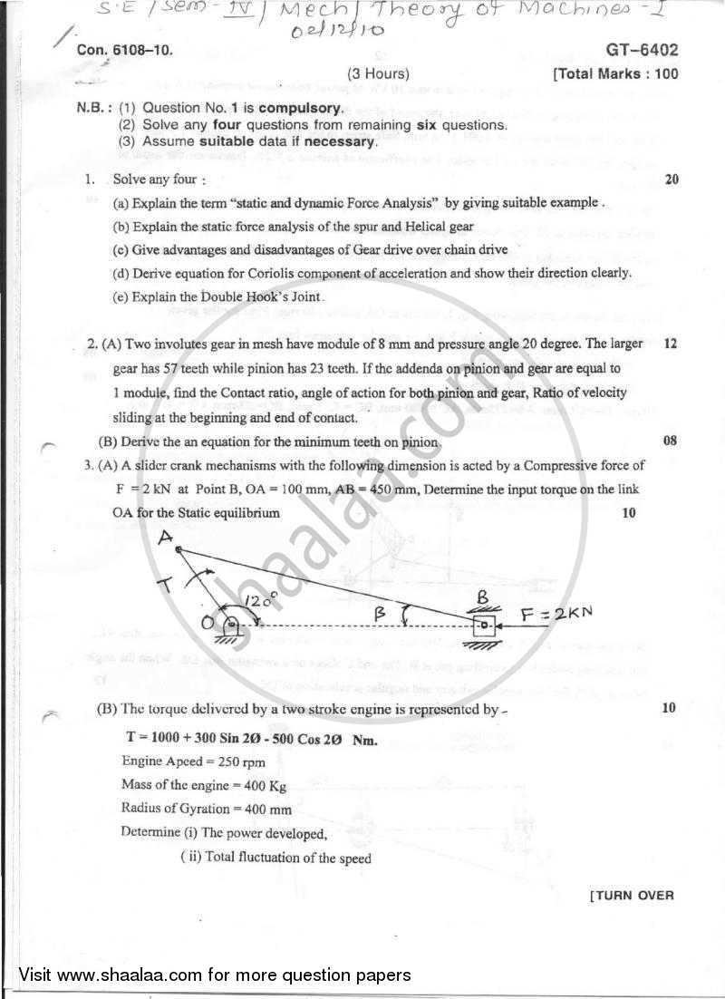Theory of Machines 1 2010-2011 - B.E. - Semester 4 (SE Second Year) - University of Mumbai question paper with PDF download