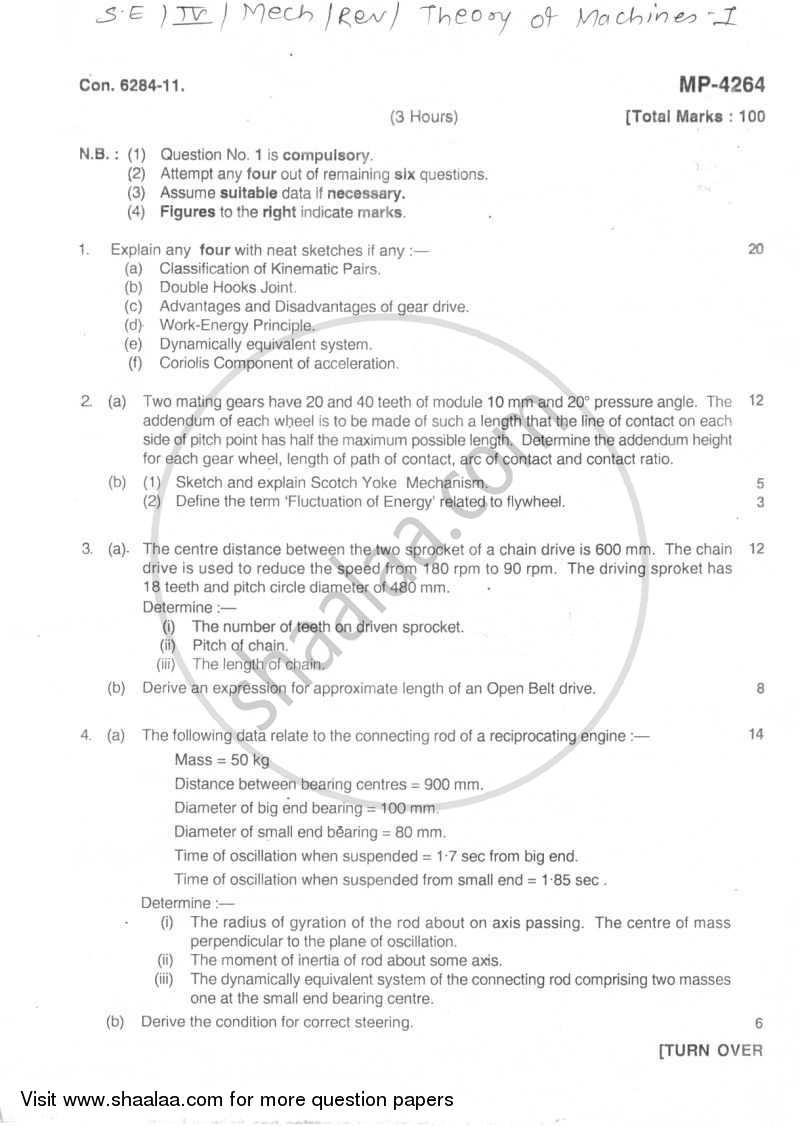 Theory of Machines 1 2011-2012 - B.E. - Semester 4 (SE Second Year) - University of Mumbai question paper with PDF download