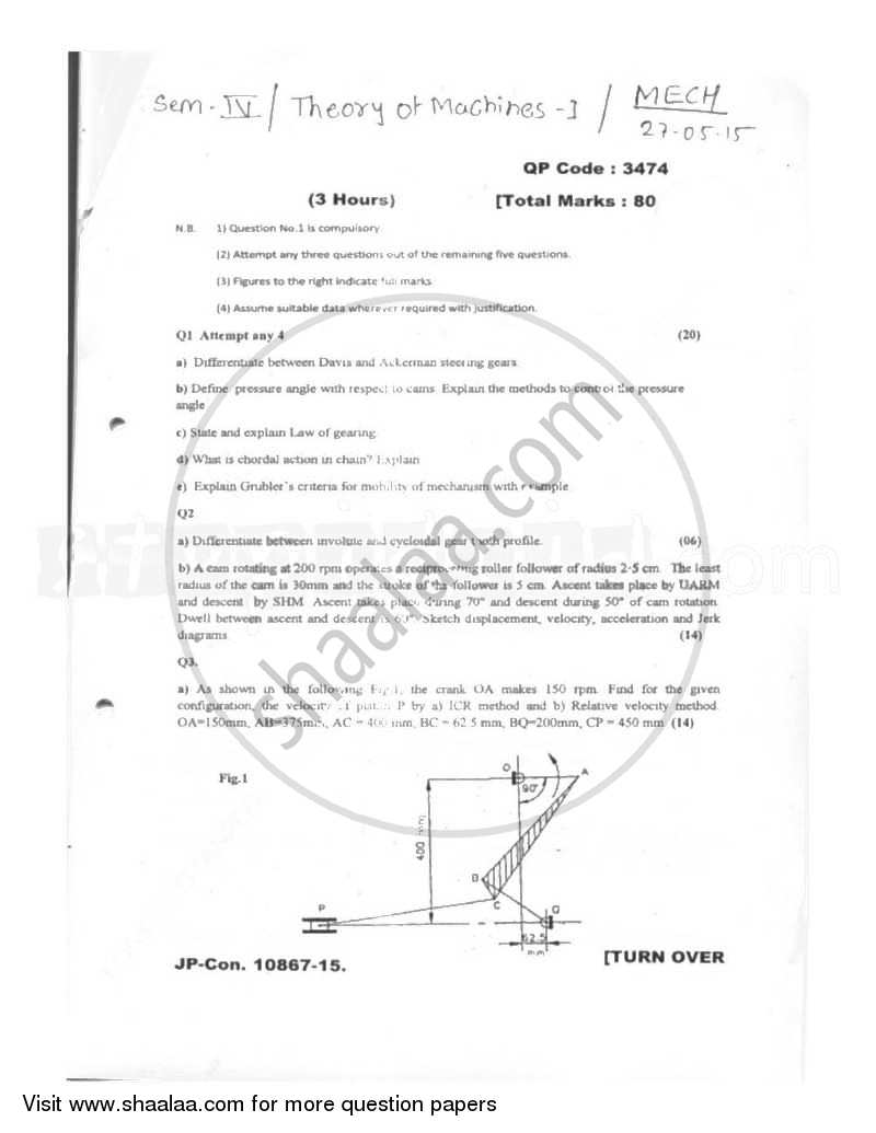 Theory of Machines 1 2014-2015 - B.E. - Semester 4 (SE Second Year) - University of Mumbai question paper with PDF download