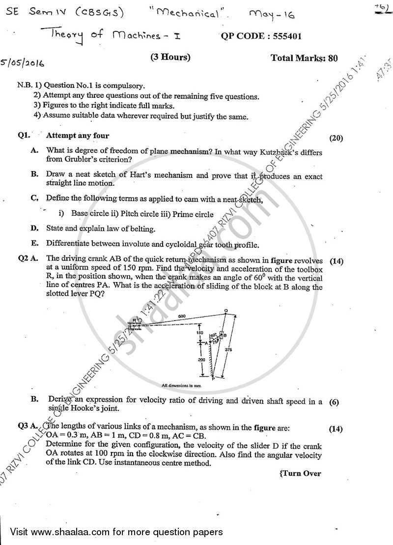 Theory of Machines 1 2015-2016 - B.E. - Semester 4 (SE Second Year) - University of Mumbai question paper with PDF download