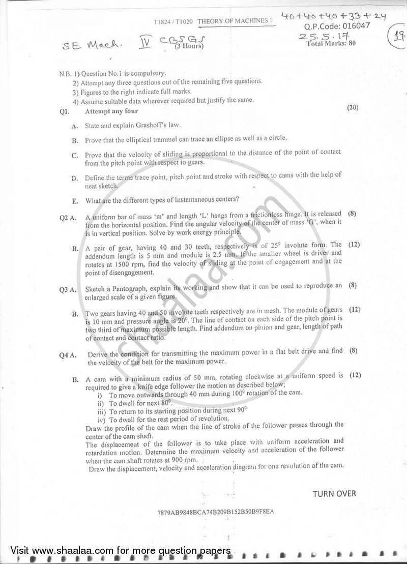 Theory of Machines 1 2016-2017 - B.E. - Semester 4 (SE Second Year) - University of Mumbai question paper with PDF download