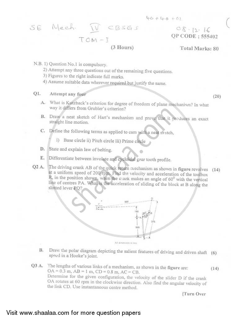 Theory of Machines 1 2016-2017 - B.E. - Semester 4 (SE Second Year) - University of Mumbai question paper with PDF download