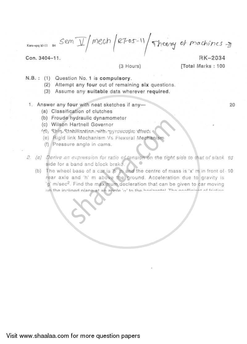 Theory of Machines 2 2010-2011 - B.E. - Semester 5 (TE Third Year) - University of Mumbai question paper with PDF download