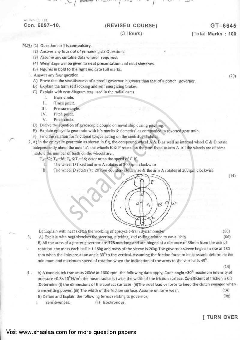 Theory of Machines 2 2010-2011 - B.E. - Semester 5 (TE Third Year) - University of Mumbai question paper with PDF download