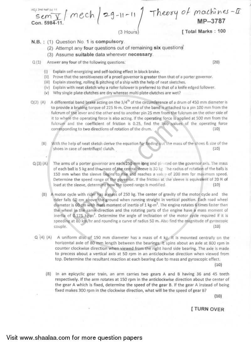 Theory of Machines 2 2011-2012 - B.E. - Semester 5 (TE Third Year) - University of Mumbai question paper with PDF download