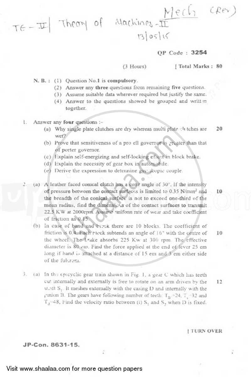 Theory of Machines 2 2014-2015 - B.E. - Semester 5 (TE Third Year) - University of Mumbai question paper with PDF download