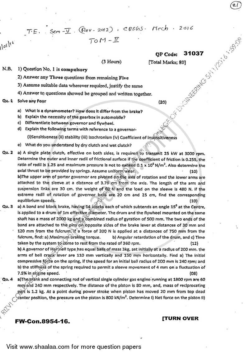 Theory of Machines 2 2015-2016 - B.E. - Semester 5 (TE Third Year) - University of Mumbai question paper with PDF download