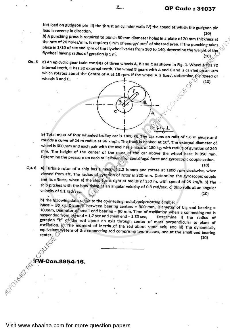 Theory of Machines 2 2015-2016 - B.E. - Semester 5 (TE Third Year) - University of Mumbai question paper with PDF download