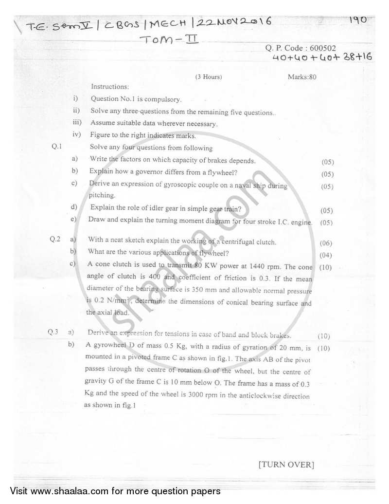 Theory of Machines 2 2016-2017 - B.E. - Semester 5 (TE Third Year) - University of Mumbai question paper with PDF download