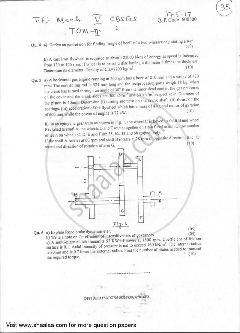 Theory of Machines 2 2016-2017 - B.E. - Semester 5 (TE Third Year) - University of Mumbai question paper with PDF download
