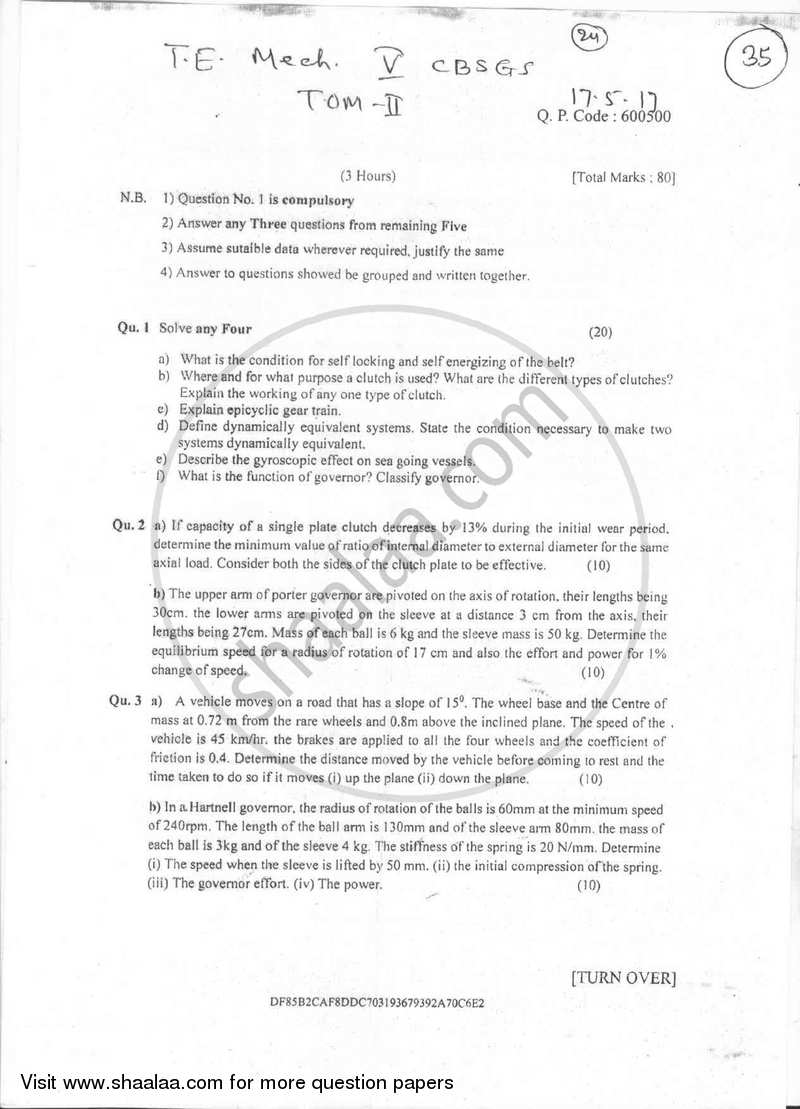 Theory of Machines 2 2016-2017 - B.E. - Semester 5 (TE Third Year) - University of Mumbai question paper with PDF download