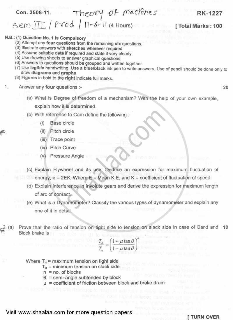 Theory of Machines 2010-2011 - B.E. - Semester 4 (SE Second Year) - University of Mumbai question paper with PDF download