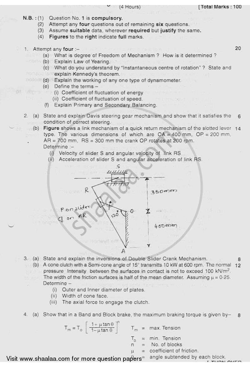 Theory of Machines 2011-2012 - B.E. - Semester 4 (SE Second Year) - University of Mumbai question paper with PDF download