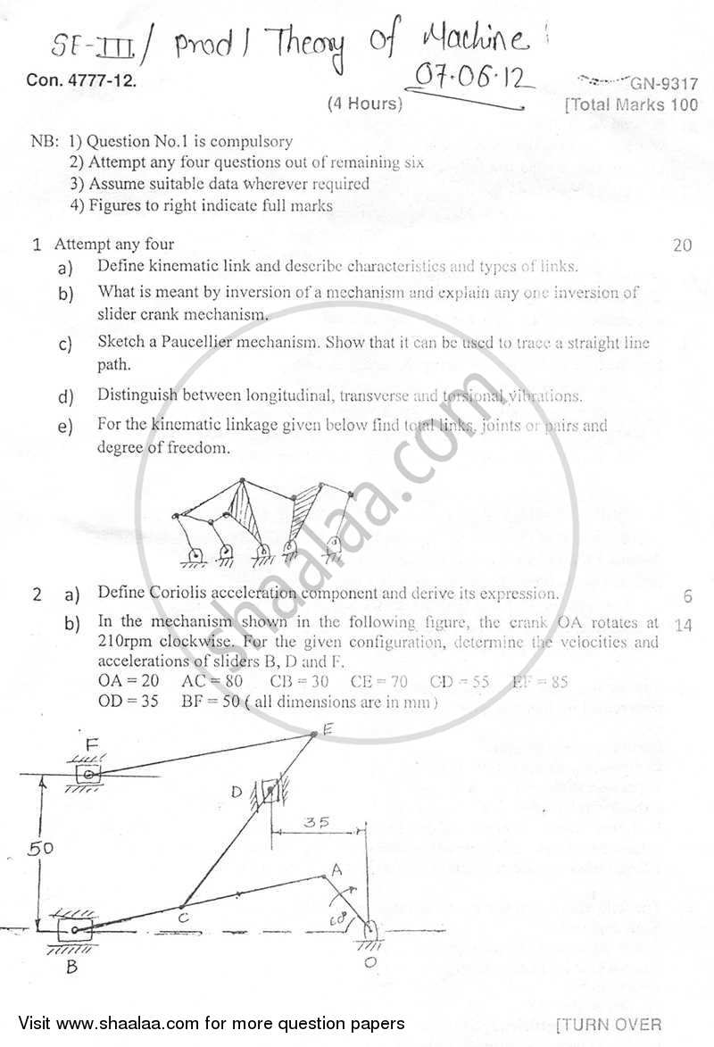 Theory of Machines 2011-2012 - B.E. - Semester 4 (SE Second Year) - University of Mumbai question paper with PDF download