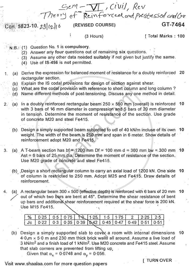 Theory of Reinforced and Prestressed Concrete 2010-2011 - B.E. - Semester 6 (TE Third Year) - University of Mumbai question paper with PDF download
