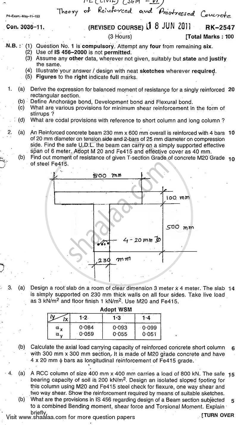 Theory of Reinforced and Prestressed Concrete 2010-2011 - B.E. - Semester 6 (TE Third Year) - University of Mumbai question paper with PDF download