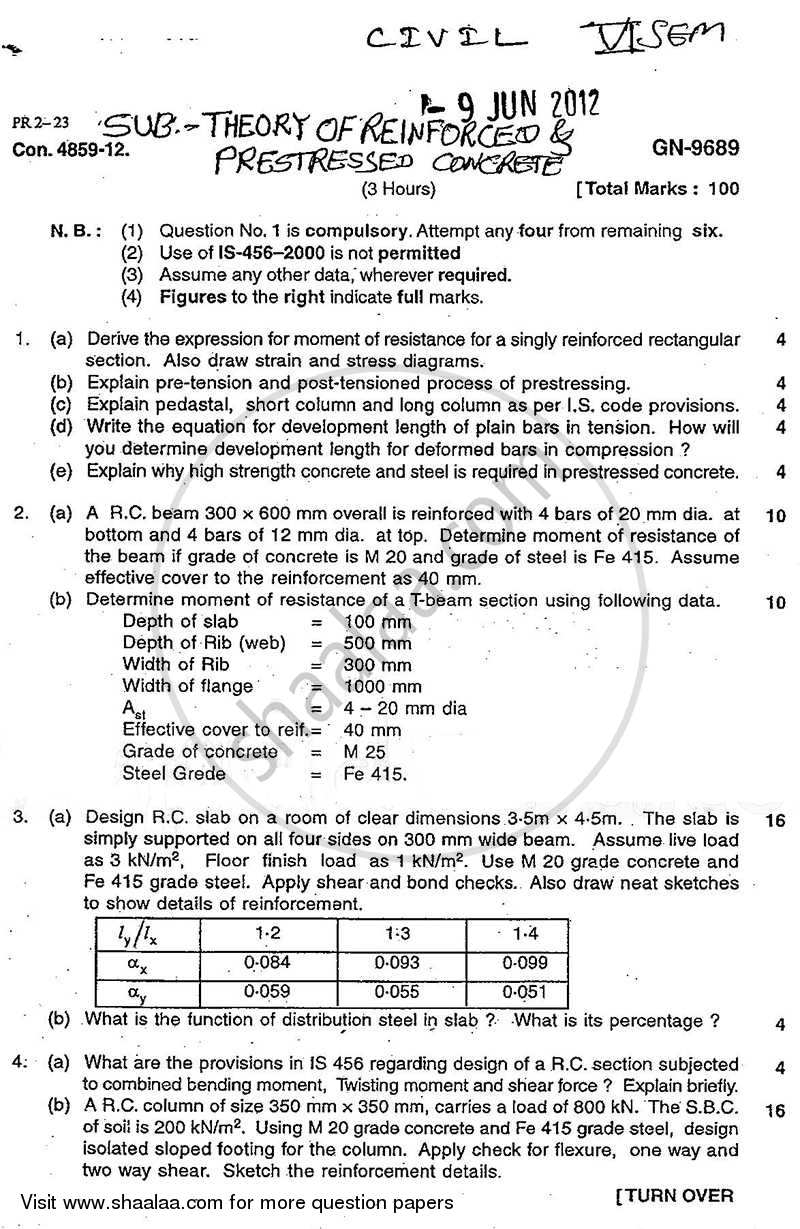 Theory of Reinforced and Prestressed Concrete 2011-2012 - B.E. - Semester 6 (TE Third Year) - University of Mumbai question paper with PDF download