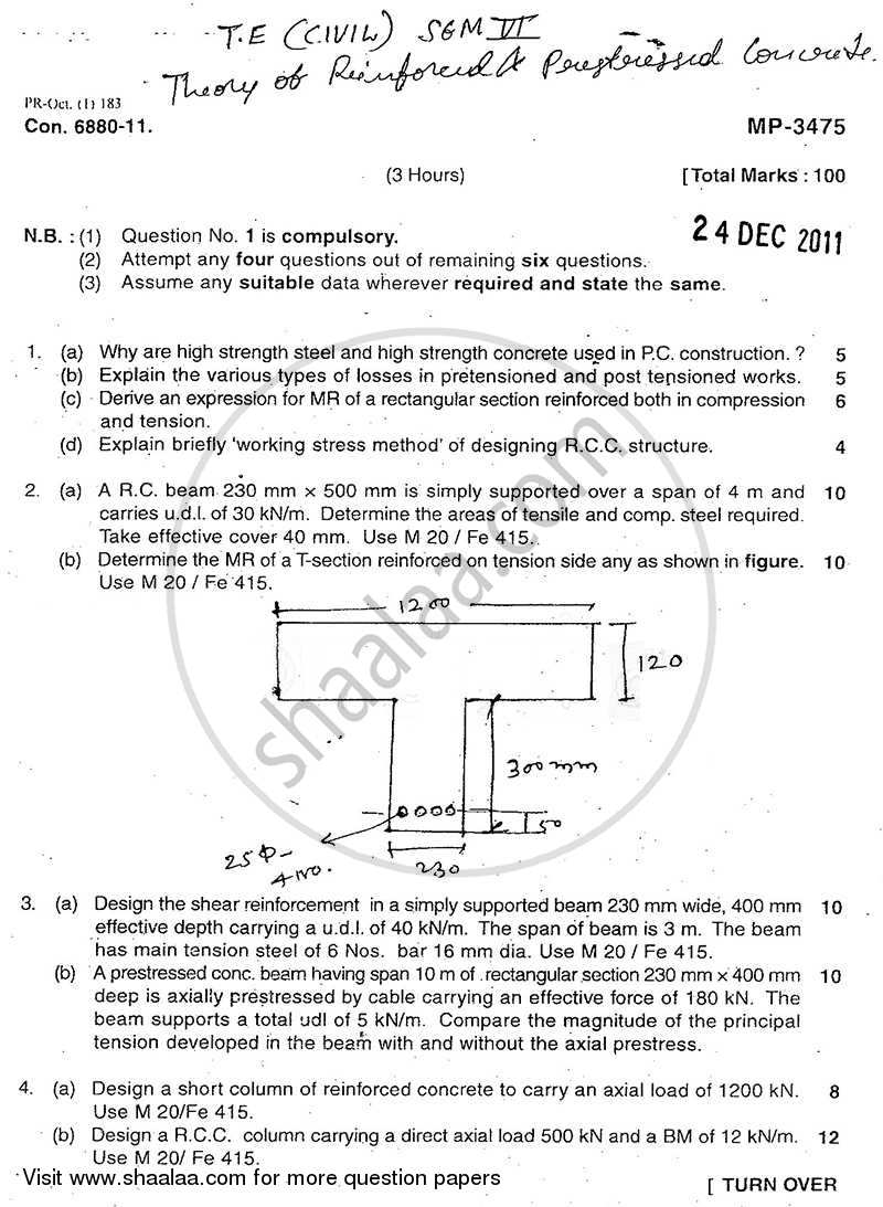 Theory of Reinforced and Prestressed Concrete 2011-2012 - B.E. - Semester 6 (TE Third Year) - University of Mumbai question paper with PDF download