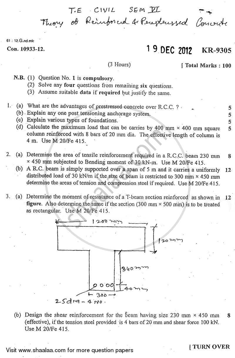 Theory of Reinforced and Prestressed Concrete 2012-2013 - B.E. - Semester 6 (TE Third Year) - University of Mumbai question paper with PDF download