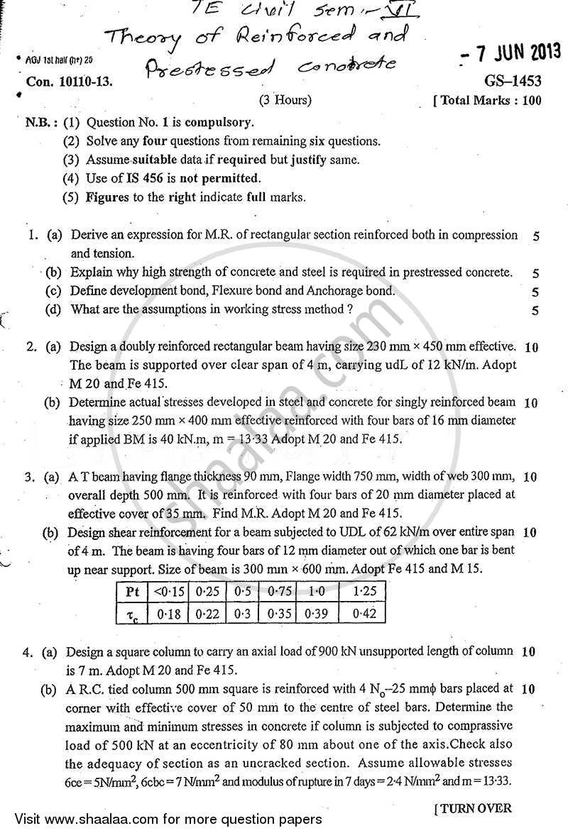 Theory of Reinforced and Prestressed Concrete 2012-2013 - B.E. - Semester 6 (TE Third Year) - University of Mumbai question paper with PDF download