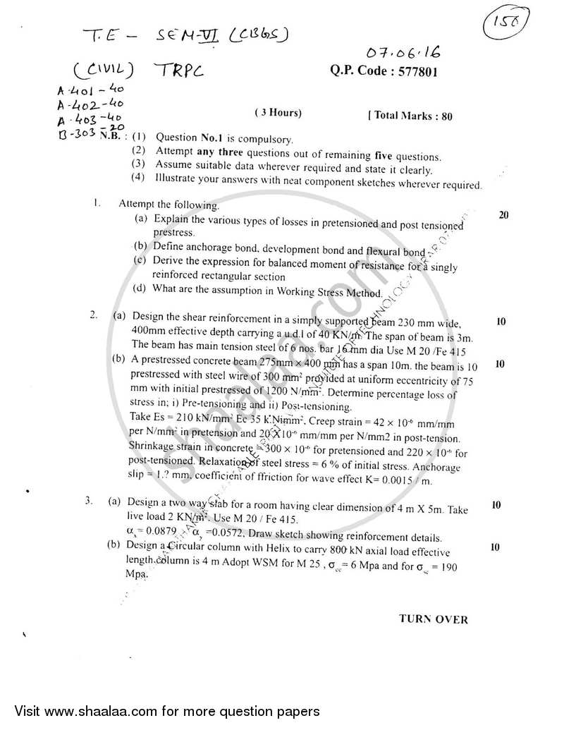 Theory of Reinforced and Prestressed Concrete 2015-2016 - B.E. - Semester 6 (TE Third Year) - University of Mumbai question paper with PDF download