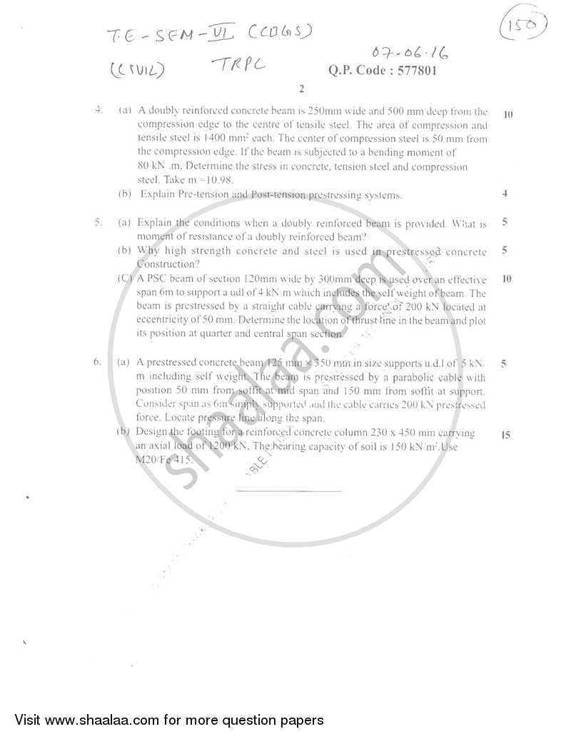 Theory of Reinforced and Prestressed Concrete 2015-2016 - B.E. - Semester 6 (TE Third Year) - University of Mumbai question paper with PDF download