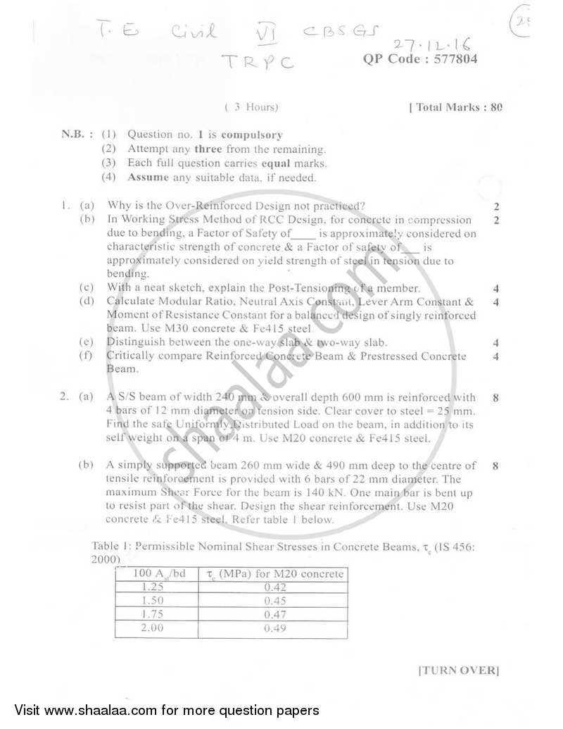 Theory of Reinforced and Prestressed Concrete 2016-2017 - B.E. - Semester 6 (TE Third Year) - University of Mumbai question paper with PDF download