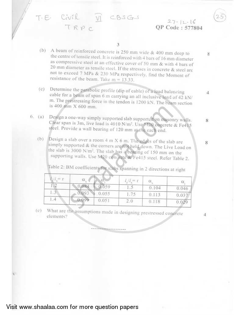 Theory of Reinforced and Prestressed Concrete 2016-2017 - B.E. - Semester 6 (TE Third Year) - University of Mumbai question paper with PDF download