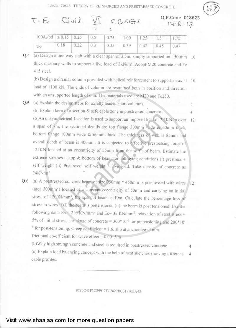 Theory of Reinforced and Prestressed Concrete 2016-2017 - B.E. - Semester 6 (TE Third Year) - University of Mumbai question paper with PDF download
