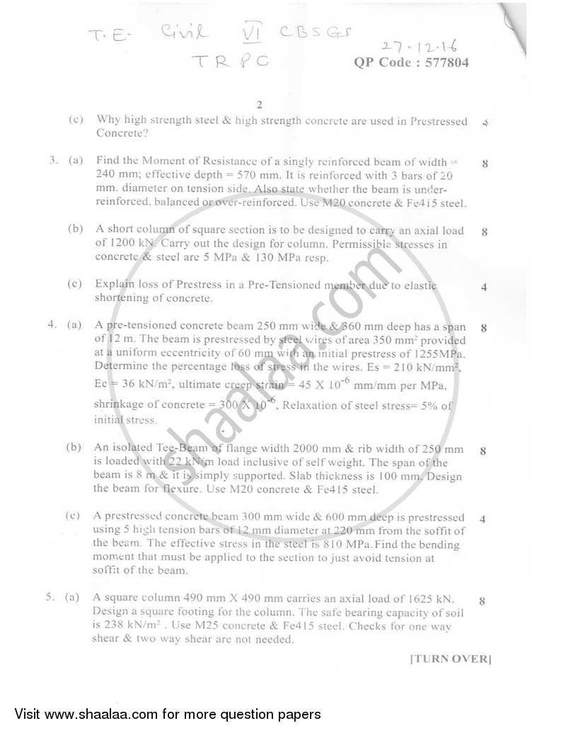 Theory of Reinforced and Prestressed Concrete 2016-2017 - B.E. - Semester 6 (TE Third Year) - University of Mumbai question paper with PDF download