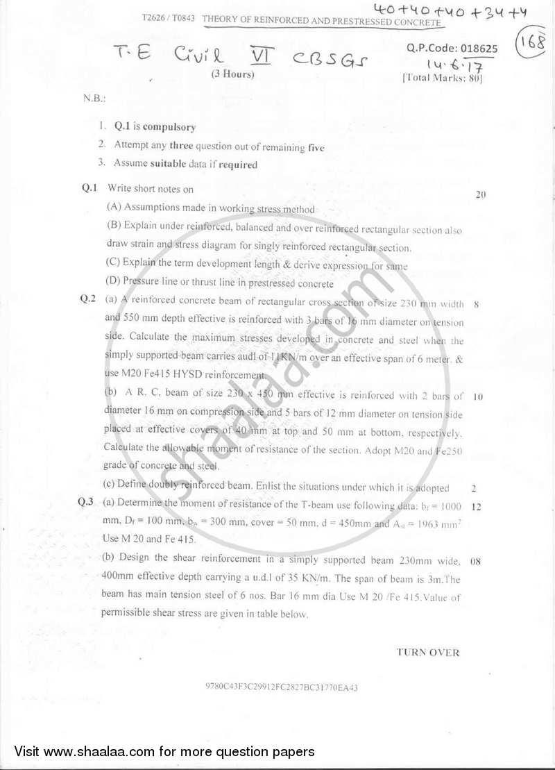 Theory of Reinforced and Prestressed Concrete 2016-2017 - B.E. - Semester 6 (TE Third Year) - University of Mumbai question paper with PDF download