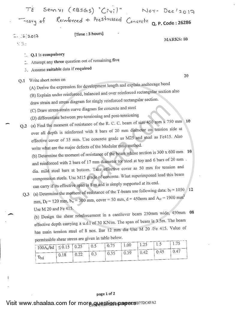Theory of Reinforced and Prestressed Concrete 2017-2018 - B.E. - Semester 6 (TE Third Year) - University of Mumbai question paper with PDF download