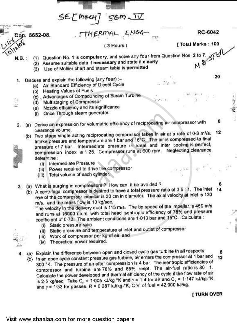 Thermal Engineering 2008-2009 - B.E. - Semester 4 (SE Second Year) - University of Mumbai question paper with PDF download