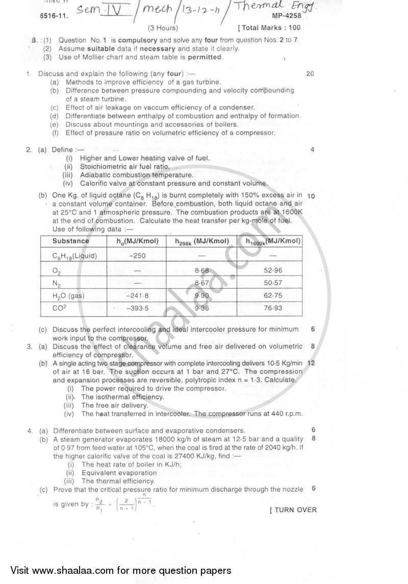 Thermal Engineering 2011-2012 - B.E. - Semester 4 (SE Second Year) - University of Mumbai question paper with PDF download