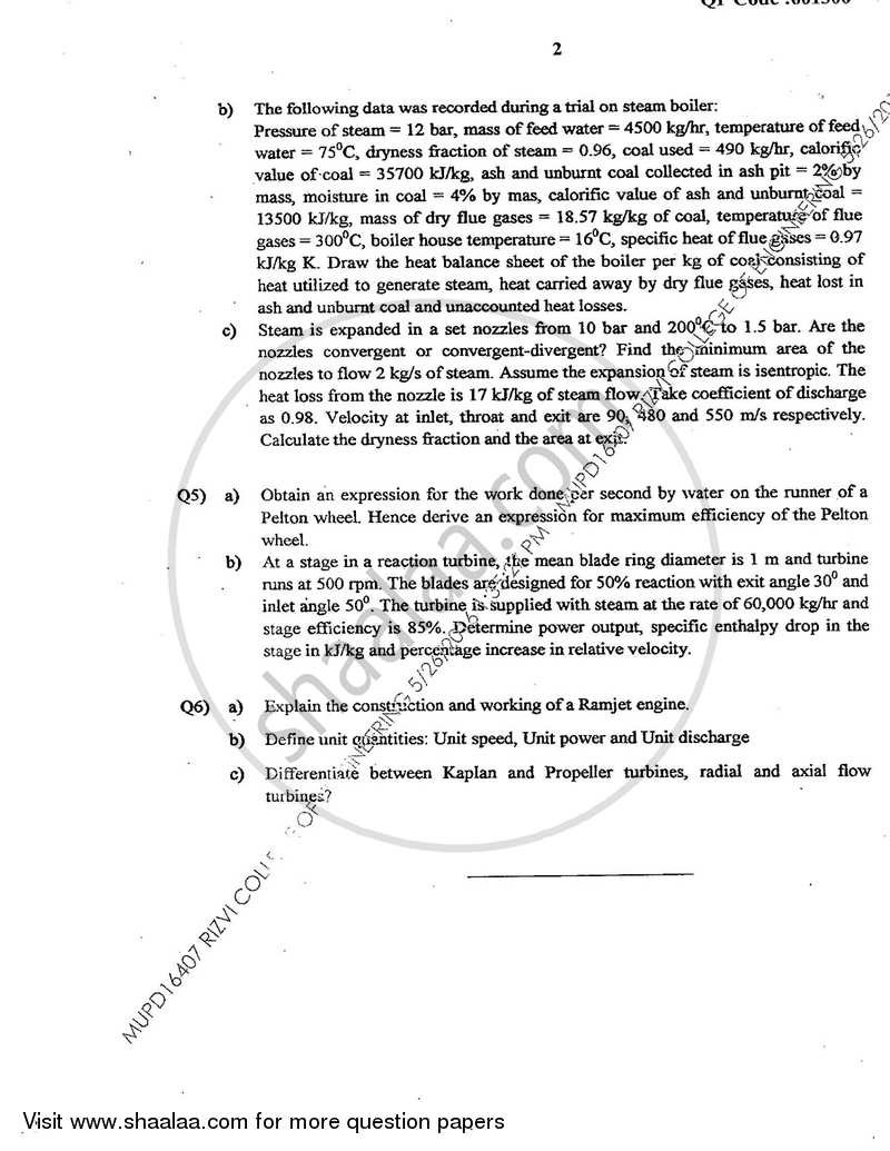 Thermal and Fluid Power Engineering 2015-2016 - B.E. - Semester 6 (TE Third Year) - University of Mumbai question paper with PDF download