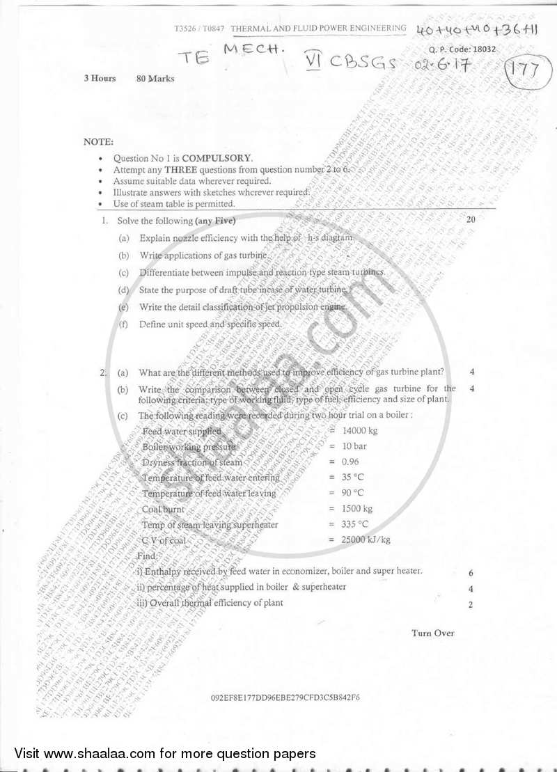 Thermal and Fluid Power Engineering 2016-2017 - B.E. - Semester 6 (TE Third Year) - University of Mumbai question paper with PDF download