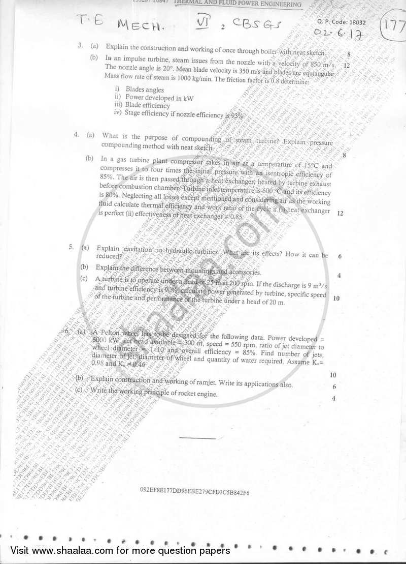 Thermal and Fluid Power Engineering 2016-2017 - B.E. - Semester 6 (TE Third Year) - University of Mumbai question paper with PDF download