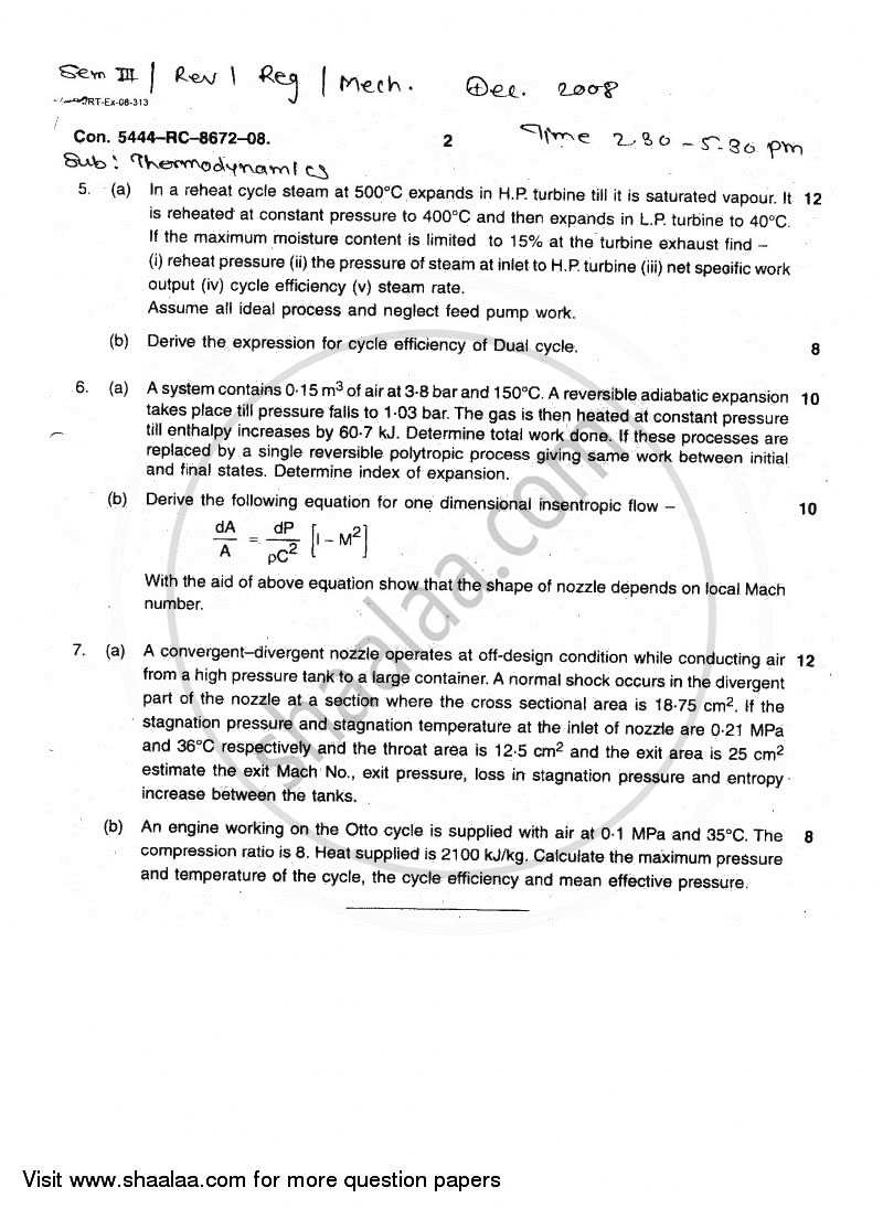 Thermodynamics 2008-2009 - B.E. - Semester 3 (SE Second Year) - University of Mumbai question paper with PDF download