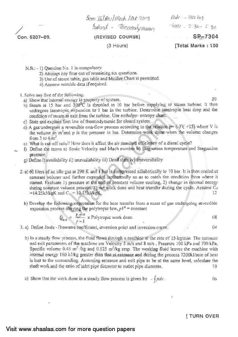 Thermodynamics 2009-2010 - B.E. - Semester 3 (SE Second Year) - University of Mumbai question paper with PDF download