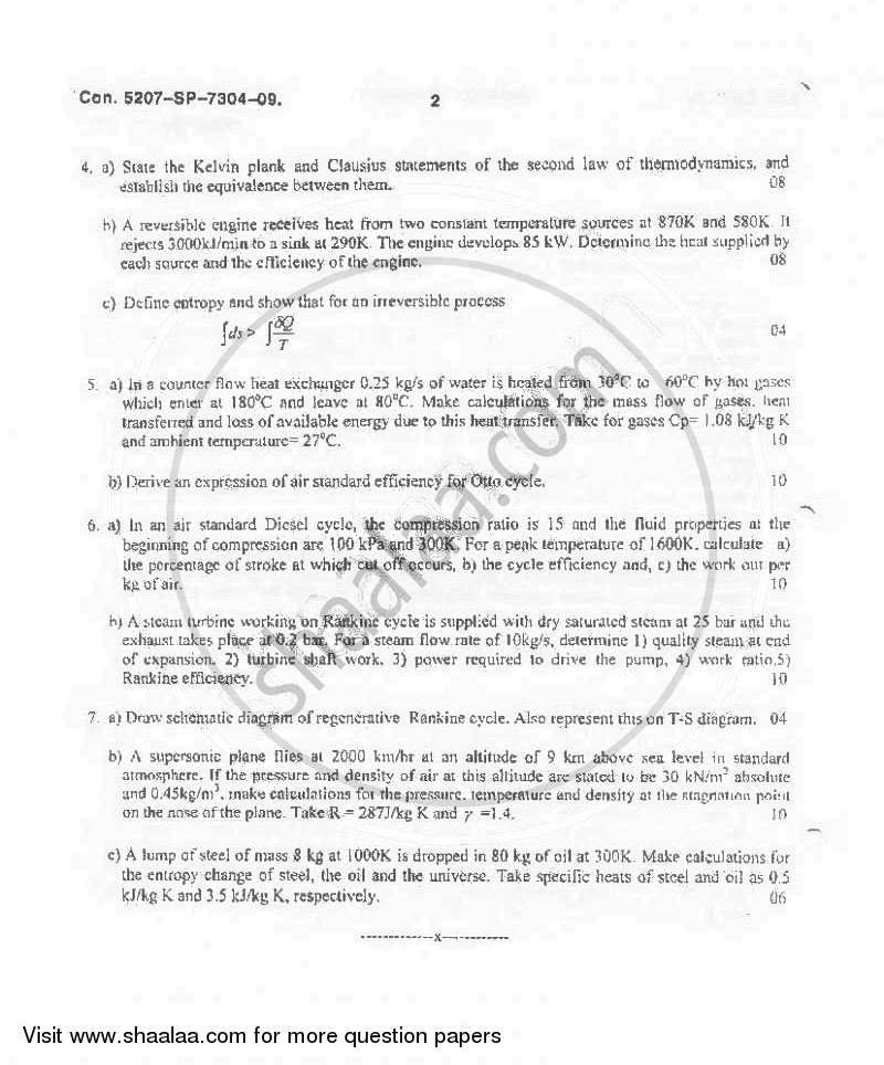Thermodynamics 2009-2010 - B.E. - Semester 3 (SE Second Year) - University of Mumbai question paper with PDF download