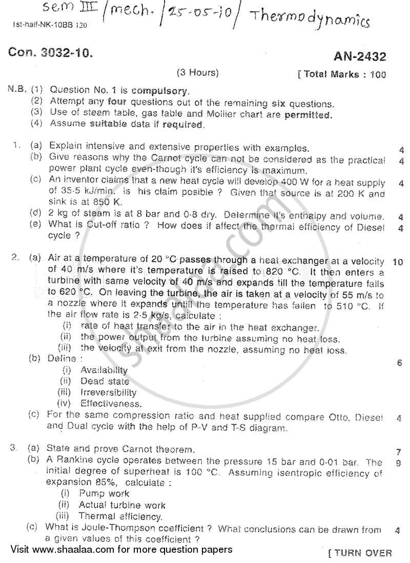 Thermodynamics 2009-2010 - B.E. - Semester 3 (SE Second Year) - University of Mumbai question paper with PDF download