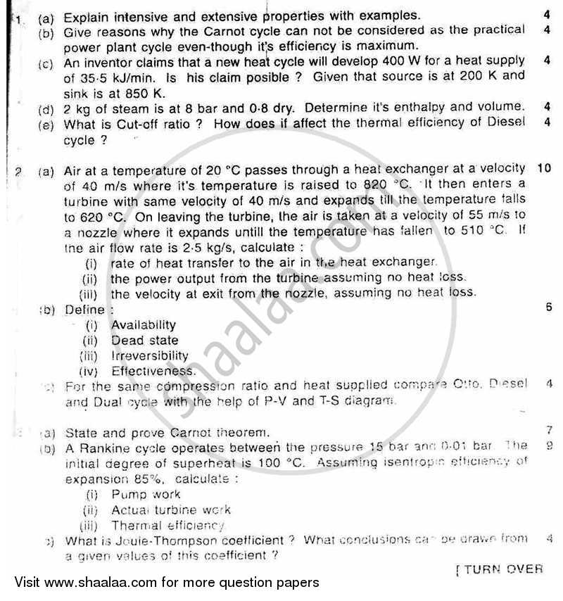 Thermodynamics 2010-2011 - B.E. - Semester 3 (SE Second Year) - University of Mumbai question paper with PDF download