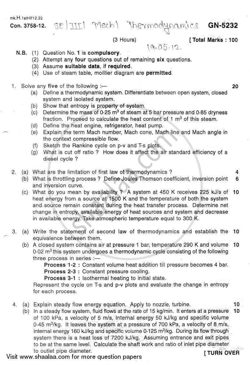 Thermodynamics 2011-2012 - B.E. - Semester 3 (SE Second Year) - University of Mumbai question paper with PDF download