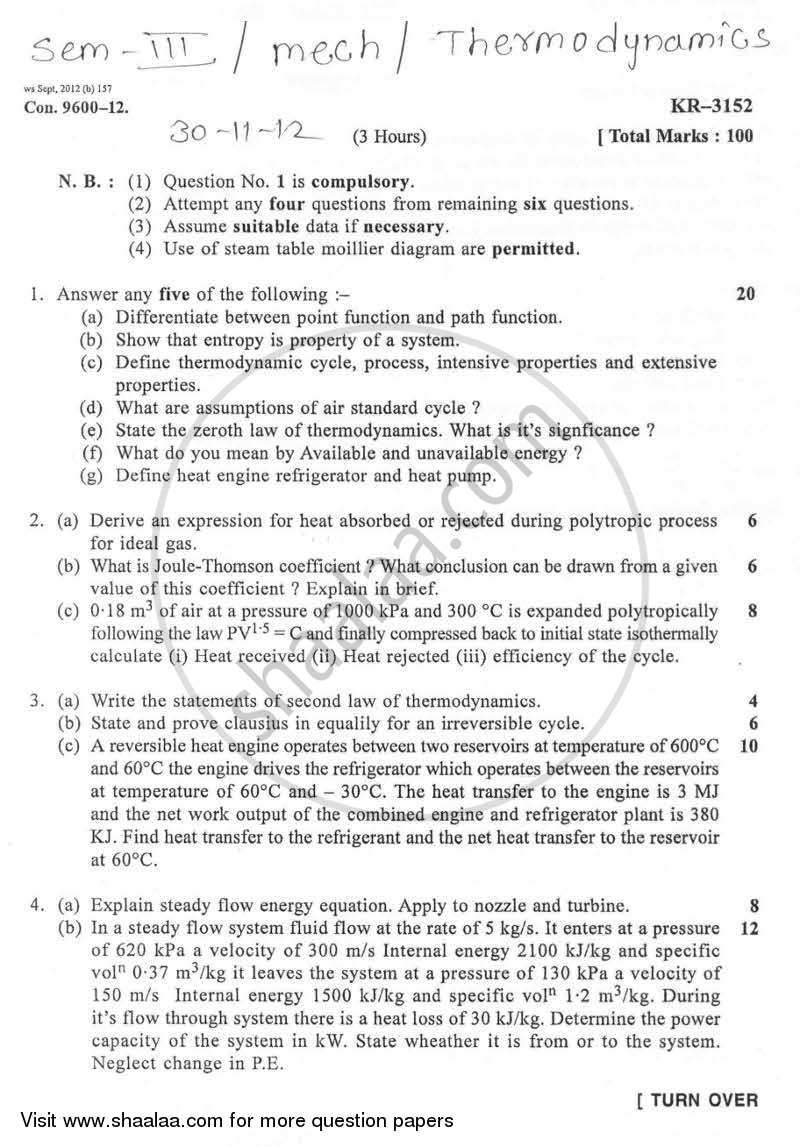 Thermodynamics 2012-2013 - B.E. - Semester 3 (SE Second Year) - University of Mumbai question paper with PDF download