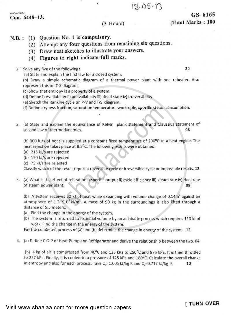Thermodynamics 2012-2013 - B.E. - Semester 3 (SE Second Year) - University of Mumbai question paper with PDF download
