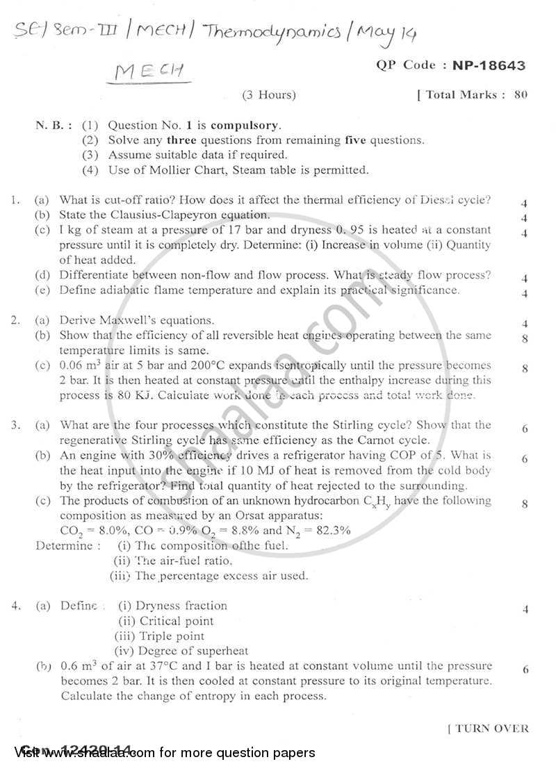 Thermodynamics 2013-2014 - B.E. - Semester 3 (SE Second Year) - University of Mumbai question paper with PDF download